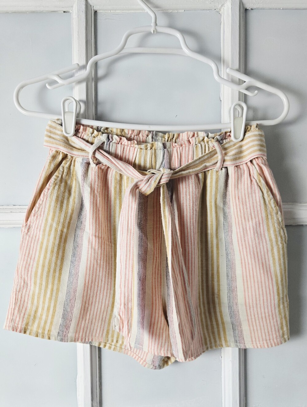 Kaisely Woven Linen Blend Striped Paperbag High Waist Shorts Pockets Small